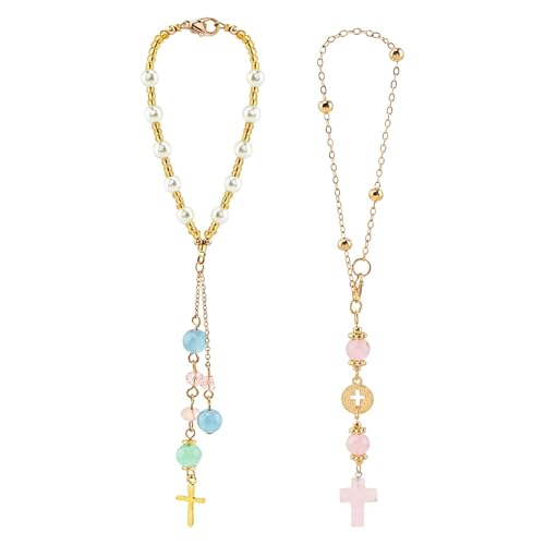 2 Pack Cross Car Mirror Hanging Ornament, Beaded Healing Stone Rearview Mirror Charm Suncatcher, Natural Crystal Cross Pendant for Women, Keychain Balcony Home Hanging Gift