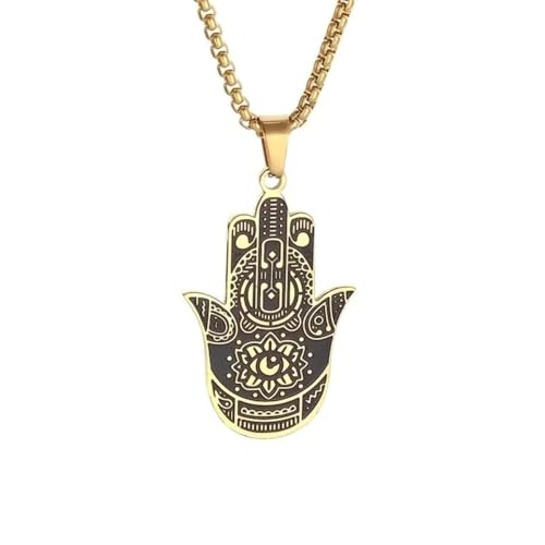 Classic Stainless Steel Devil's Eye Hand of Fatima Pendant Necklace for Men and Women Fashion Exorcism Amulet Jewelry Gift - color: golden