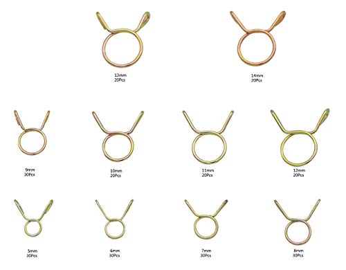 250 Pieces 10 Sizes Fuel Line Hose Tubing Spring Clips Clamps Assortment Kit for Motorcycle Scooter ATV, 5-14mm