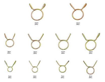 250 Pieces 10 Sizes Fuel Line Hose Tubing Spring Clips Clamps Assortment Kit for Motorcycle Scooter ATV, 5-14mm