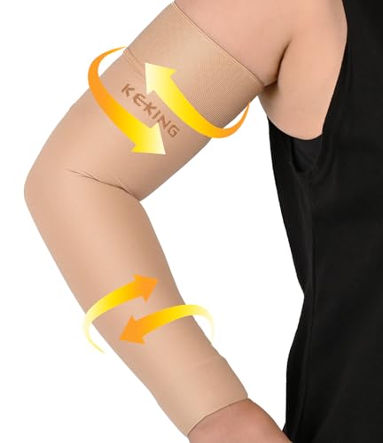 KEKING Lymphedema Compression Arm Sleeves 20-30mmHg with Silicone Band - color: 20-30mmhg Beige (With Silicone Band), size: Medium (1 Pair)