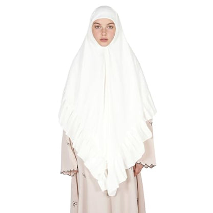 Prayer Hijab for Women Muslim Cotton Blend Lightweight Ruffled Square Scarf - color: White