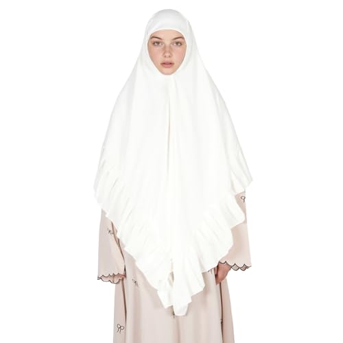 Prayer Hijab for Women Muslim Cotton Blend Lightweight Ruffled Square Scarf - color: White