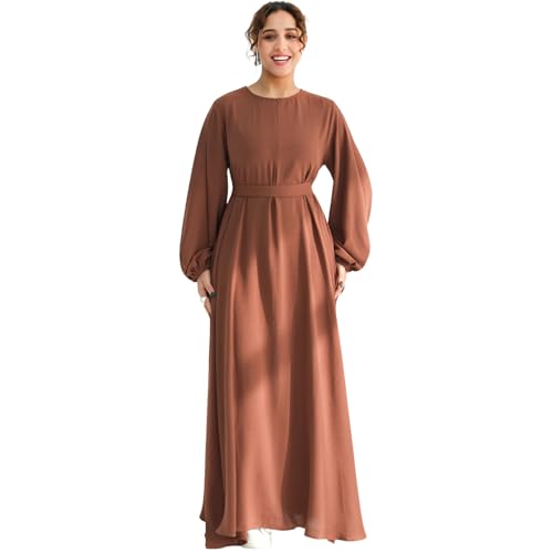 Muslim Women Abaya Dress Breathable Front Zipper&Pockets&Belt Prayer Robe - color: Coffee, size: X-Large