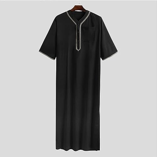 Ctreela Men's Half Sleeve Thobe Muslim Kaftan Dubai Long Gown Saudi Arab Thobe Ramadan Islamic Robes for Casual Summer Beach - color: Black, size: 5X-Large