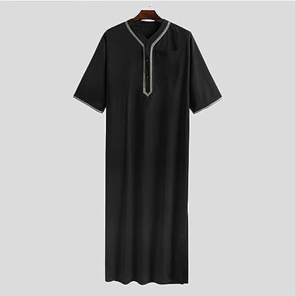 Ctreela Men's Half Sleeve Thobe Muslim Kaftan Dubai Long Gown Saudi Arab Thobe Ramadan Islamic Robes for Casual Summer Beach - color: Black, size: Small