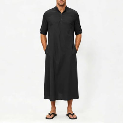 Men's Linen Kaftan Robe Button Down Long Sleeve Henley Collar Cotton Thobe Casual Loose Fit Stylish Gown Shirts - color: Black, size: Small