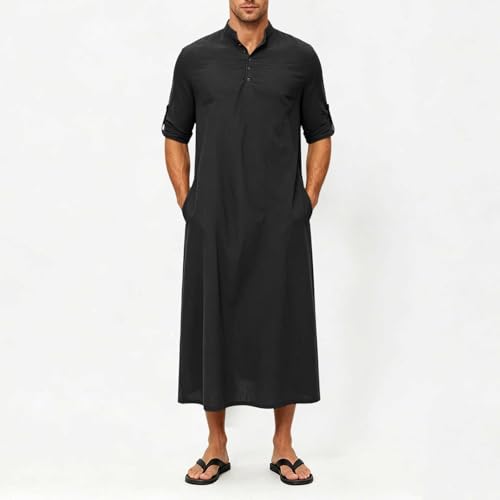 Men's Linen Kaftan Robe Button Down Long Sleeve Henley Collar Cotton Thobe Casual Loose Fit Stylish Gown Shirts - color: Black, size: X-Large
