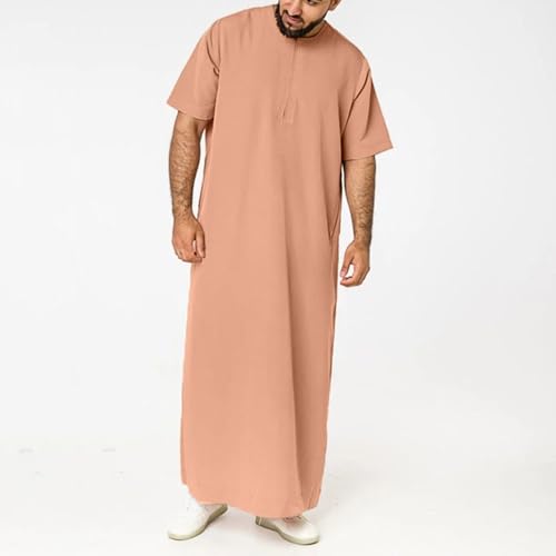 Muslim Thobe for Men Islamic Robe Kaftan Long Sleeve Jubba Arabic Gown Cotton Linen Loose Fit Ramadan A20 - color: Khaki, size: 3X-Large