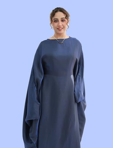 Dubai Bat Sleeve Dress Shiny Robe for Women Muslim 1pc Abaya Eid Prayer Clothes Soft Dubai Travel Party Dress Maxi Abaya - color: Navya, size: Large