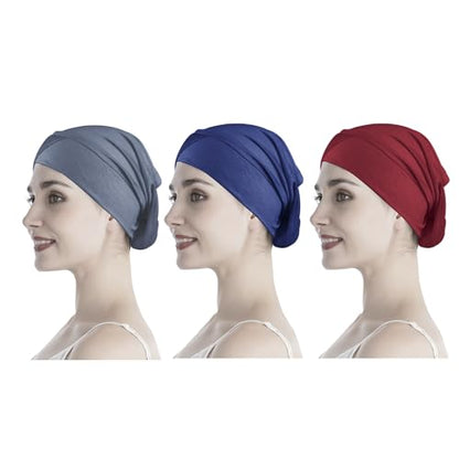 PURFUN 3 Pcs Muslim Inner Hijab Caps Women Solid Color Under Hijab Caps Stretchy Breathable Full Cover Undercap Tube Bonnet - color: Red+navy+grey