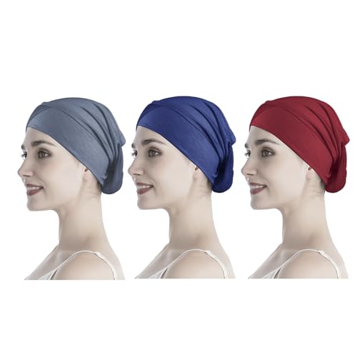 PURFUN 3 Pcs Muslim Inner Hijab Caps Women Solid Color Under Hijab Caps Stretchy Breathable Full Cover Undercap Tube Bonnet - color: Red+navy+grey