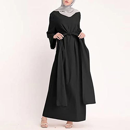 SGASY Womens Muslim Long Dress One Piece Long Sleeve Abayas Islamic Prayer Robes Summer Casual Loose Fit Kaftan with Pockets - color: 12-블랙, size: S