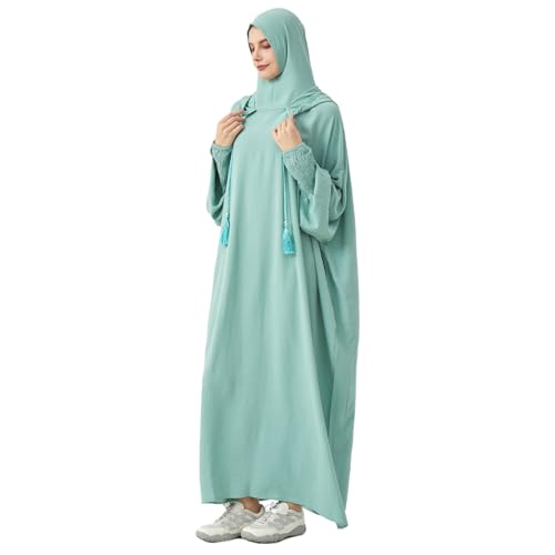 Abaya Muslim Dress Women Prayer Dress Long Sleeve Hooded Loose Maxi Dress Arabian Dubai Islamic Clothes - color: Celadon