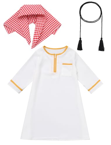 IDOPIP Muslim Baby Boys Prayer Clothes Kaftan Thobe Arabic Islamic Abaya Dubai Robe with Head Scarf + Rope Ramadan Eid Outfit - color: White + Gold, size: 3-6 Months