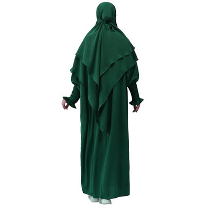 khalat Womens Muslim Prayer Dress Front Zipper Kaftan Islamic Robe Modest Solid Abayas for Women Muslim - color: Dark Green+hijab