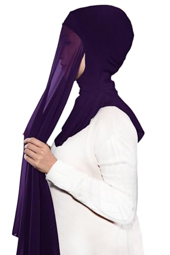 Lina & Lily Premium Chiffon Ninja Instant Hijab Scarf Stitched Jersey Cap Neck Cover Full Coverage - color: Dark Purple