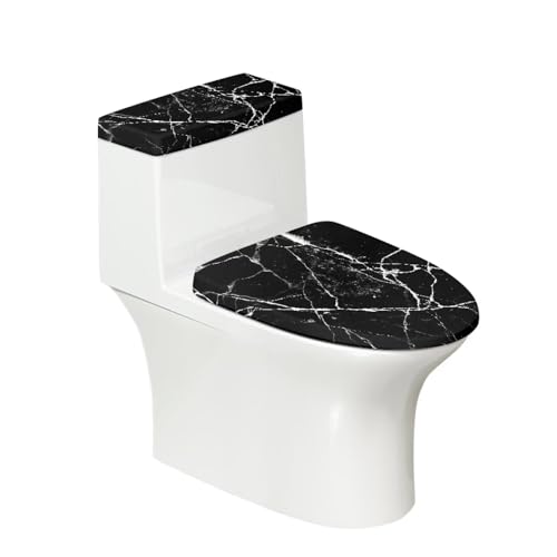 Black Marble Design Toilet Lid Dust Cover & Toilet Tank Lid Cover for Bathroom Machine Washable Anti-dust with Elastic Edge - color: Black Marble Design