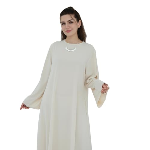 Women Abaya Dress with Belt Muslim Bell Sleeve Robe Islamic Prayer Jilbab | with Belt, A-line Skirt, Bell Sleeve - color: Apricot, size: Large