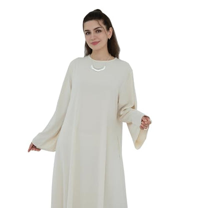 Women Abaya Dress with Belt Muslim Bell Sleeve Robe Islamic Prayer Jilbab | with Belt, A-line Skirt, Bell Sleeve - color: Apricot, size: Large