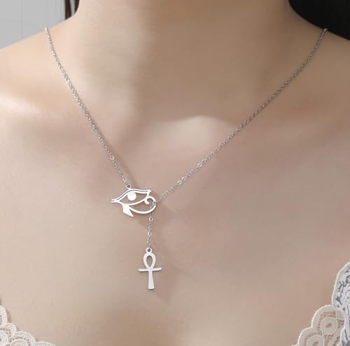 Ankh Cross Y Necklace Key of Life Eye of Horus Pendant Cartouche Long Chain Protection African Coptic Amulet Ancient Egyptian Religious Jewelry Gift for Women Men - color: Ankh Cross Eye of Horus silver