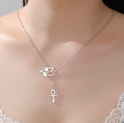 Ankh Cross Y Necklace Key of Life Eye of Horus Pendant Cartouche Long Chain Protection African Coptic Amulet Ancient Egyptian Religious Jewelry Gift for Women Men - color: Ankh Cross Eye of Horus silver