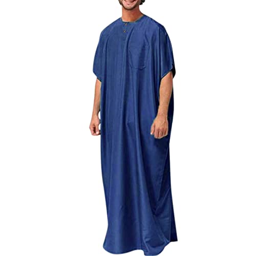 Men's Casual Top Thobe Solid Stand Muslim Robe Long Sleeve Button Loose Jubba Shirt And Pants Two Piece Set - color: Navy-e, size: Large
