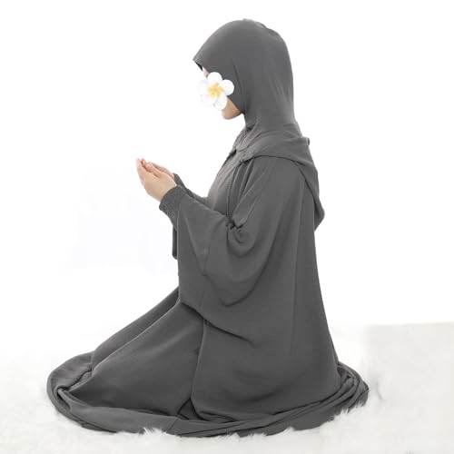 khalat 무슬림 기도 드레스 아바야 단색 원피스 후디 아바야 드레스 여성용 롱 맥시 드레스 이슬람 두바이 질밥 - color: 다크 그레이.