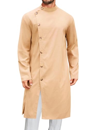 Runcati Mens Kaftan Thobe Button Down Long Sleeve Robe Casual Henley Shirt Cotton Muslim Gown Kurta Tops - color: Khaki, size: Medium