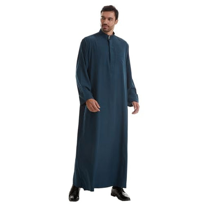 IWEMEK Muslim Thobe for Men Kaftan Thobe with Pockets Middle East Saudi Arabic Robe Ramadan Caftan Dubai Islamic Abaya Dress - color: Dark Blue, size: Large