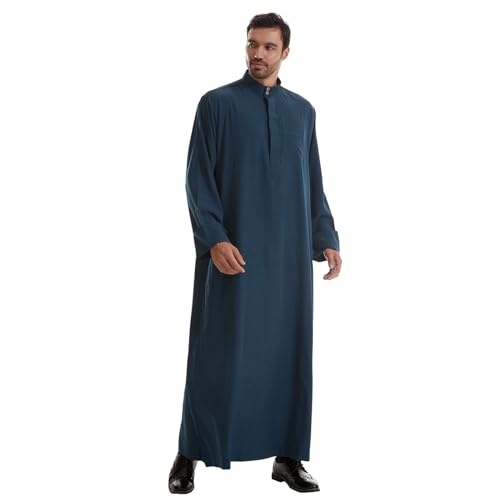 IWEMEK Muslim Thobe for Men Kaftan Thobe with Pockets Middle East Saudi Arabic Robe Ramadan Caftan Dubai Islamic Abaya Dress - color: Dark Blue, size: 3X-Large
