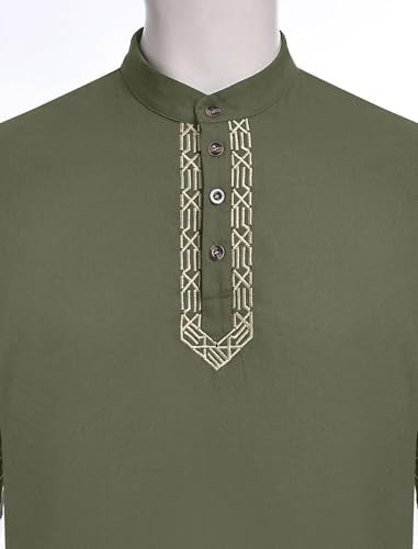 IWEMEK Men Kaftan Robe Button Up Muslim Thobe Long Sleeve Eid Ramadan Abaya Henley Shirts Casual Dubai Islamic Prayer Clothes - color: Green, size: Small