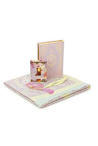 ihvan online Prayer Gift Set for Hajj and Umrah, Muslim Prayer Rug, Prayer Mat, Beads Taasbih, Holy Quran Translated French, Muslim Praying Mat, Islamic Gift Set for Ramadan & Eid, Pink - color: French Pink