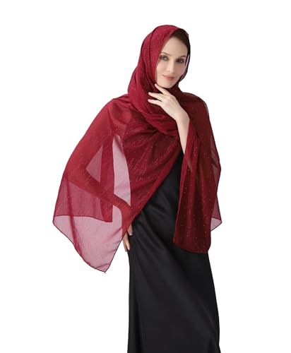 OurLore Chiffon Shawls Wraps for Women Sheer Glitter Scarf Sparkly Rhinestones Shoulder Sarong Cover Up Hijab for Wedding - color: Wine Red