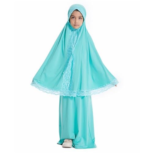 Girls Muslim 2 Piece Outfits Long Sleeve Prayer Full Cover Lace Hijab Dress Outfit Teen Soft Breathable Elastic Hooded - color: Green, size: 3-4T