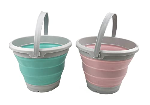 SAMMART 5.5L (1.4 Gallon) Set of 2 Collapsible Plastic Bucket - Foldable Round Tub - Portable Fishing Water Pail - Space Saving Outdoor Waterpot. (Pale Pink + Pine) - color: Pale Pink + Pine