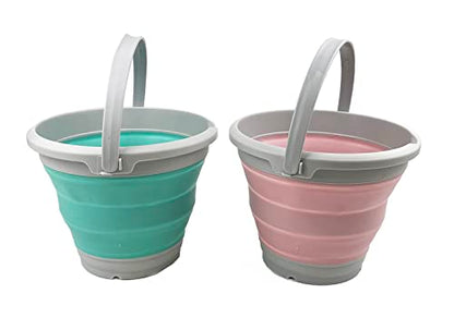 SAMMART 5.5L (1.4 Gallon) Set of 2 Collapsible Plastic Bucket - Foldable Round Tub - Portable Fishing Water Pail - Space Saving Outdoor Waterpot. (Pale Pink + Pine) - color: Pale Pink + Pine