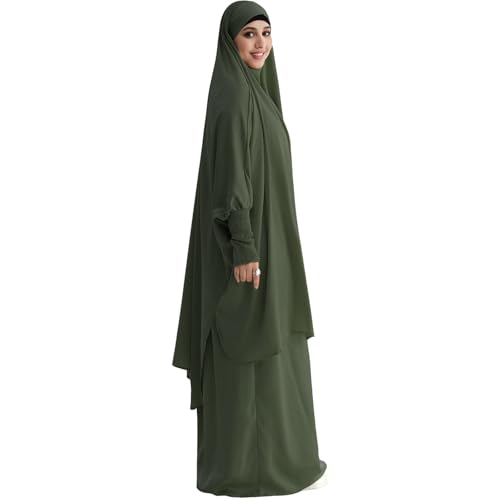 Muslim Women Abaya Two Pieces Set Prayer Dress Elasticated Sleeves Islamic Robe Modest Full Cover Prayer Clothes - color: Army Green