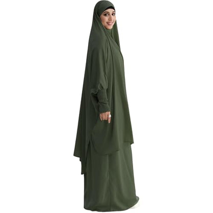 Muslim Women Abaya Two Pieces Set Prayer Dress Elasticated Sleeves Islamic Robe Modest Full Cover Prayer Clothes - color: Army Green