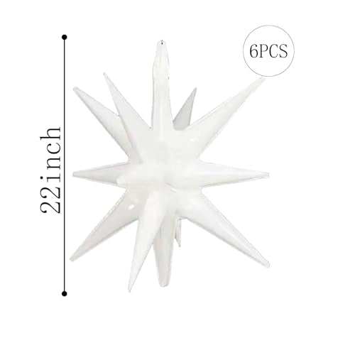 6 Pcs White Star Foil Balloons One-Piece 14-Pointed Star Balloon 4D Cone Mylar 22inch Christmas Birthday Wedding Fireworks Shape Party Supplies (White) ﻿ - color: White