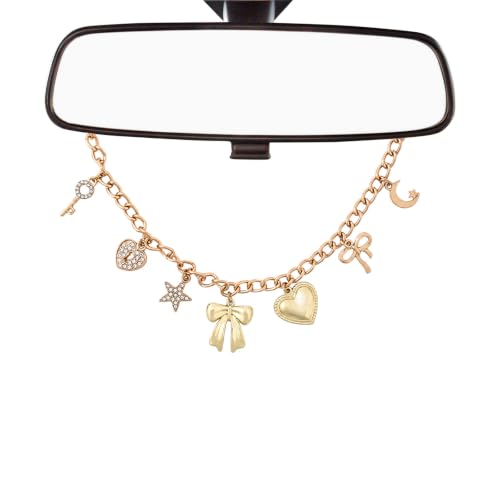 Gold Pendant Rearview Mirror Charm Boho Aesthetic Heart Bowknot - color: Gold - Bow