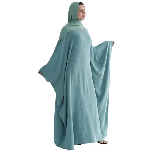 Muslim Abaya Dress Women Middle East Arabian Prayer Robe Batwing Maxi Kaftan Abaya Dress with Hijab - color: Green