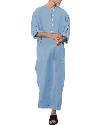 Jacansi Men's 65% Cotton 35% Linen Long Sleeve Kaftan, Button Down Ankle Length Thobe with Side Split & Pocket - color: Blue, size: X-Large