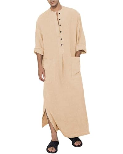 YAOHUOLE Kaftan for Men Long Sleeve Muslim Men Thobe Kaftan Thobe with Pockets - color: Khaki, size: XX-Large