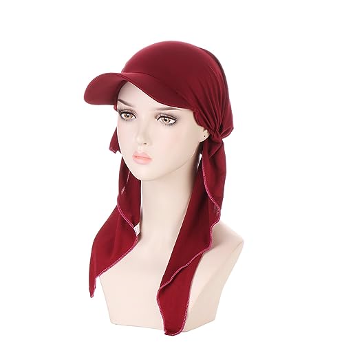 Women Muslim Headscarf Hat Pre Tied Hair Loss Turban Solid Color Chemo Baseball Cap Slouchy Bonnet Head Cover - color: Wine Red-