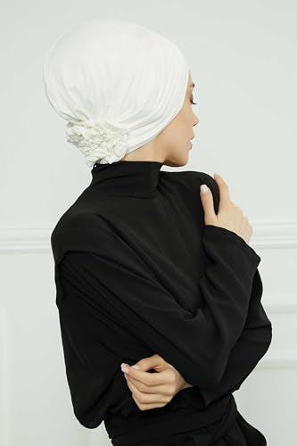 Aisha's Design Instant Turban Head Wraps for Women, Combed Cotton Scarf Lightweight Pre tied Hijab with Back Rose Detail - color: Ivory