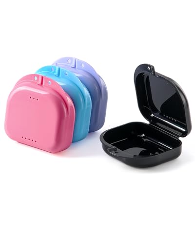 JMU Retainer Case with Vent Holes, 4 Pcs Orthodontic Mouth Guard Cases | Dental Storage Container, Denture Case Travel Box for Aligner with Snap Lock - color: Blue/Black/Purple/Pink