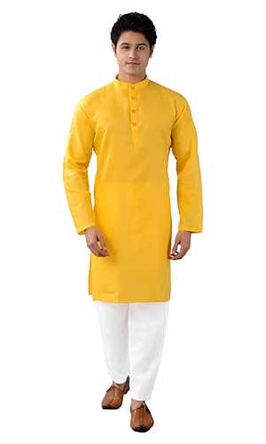 Chandrakala Men's Tunic Cotton Kurta Pajama Set Indian Casual Yoga Dress (MK101) - color: Yellow-101, size: Small