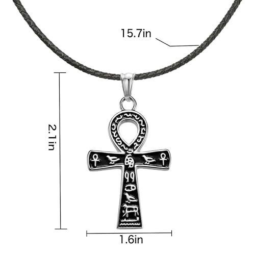 Ankh Cross Pendant Ancient Egyptian Hieroglyphic Symbol of Health and Eternal Life Men Cross Necklace with Tiger Eye Stone Obsidian Hematite Triple Protection Crystal Beads Chain - color: Black-Silver with Leather Belt
