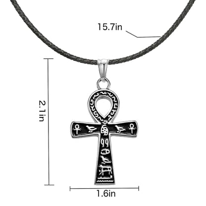 Ankh Cross Pendant Ancient Egyptian Hieroglyphic Symbol of Health and Eternal Life Men Cross Necklace with Tiger Eye Stone Obsidian Hematite Triple Protection Crystal Beads Chain - color: Black-Silver with Leather Belt